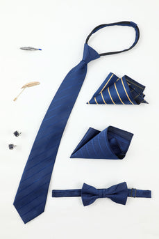 Royal Blue Men's Accessory set Stripe Tie e Bow Tie Two Pocket Square Lapel Pin Tie Cufflinks