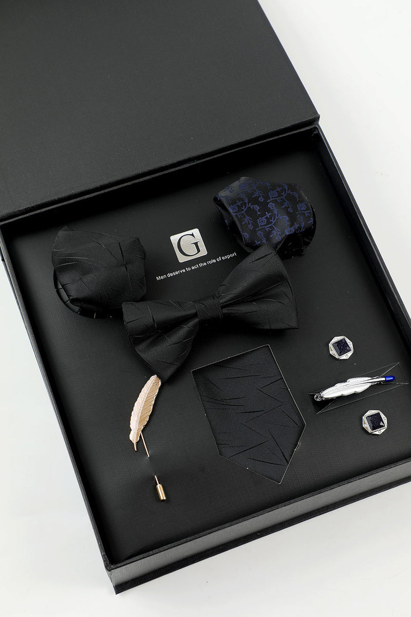Carregar imagem no visualizador da galeria, Black Men&#39;s Accessory set Tie e Bow Tie Two Pocket Square Lapel Pin Tie Cufflinks