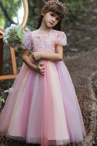 A-Line Tule Rosa Flor Vestido de Menina Lantejoulas