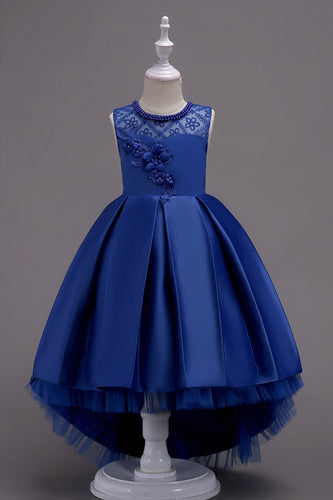 Alto Baixo Flor Azul Vestido de Menina