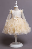 Pescoço Redondo Tule Champanhe Flor Vestido de Menina