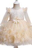 Pescoço Redondo Tule Champanhe Flor Vestido de Menina