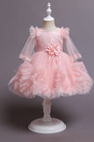 Pescoço Redondo Tule Champanhe Flor Vestido de Menina