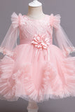 Pescoço Redondo Tule Champanhe Flor Vestido de Menina