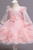 Pescoço Redondo Tule Champanhe Flor Vestido de Menina