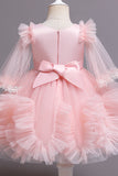 Pescoço Redondo Tule Champanhe Flor Vestido de Menina