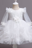 Pescoço Redondo Tule Champanhe Flor Vestido de Menina