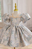 Mangas Folhadas Estampado Vestido de Menina Flor Azul