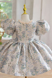 Mangas Folhadas Estampado Vestido de Menina Flor Azul