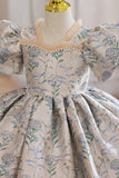 Mangas Folhadas Estampado Vestido de Menina Flor Azul