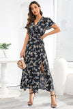 V Pescoço Preto Floral Estampado Vestido de Verão