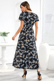 V Pescoço Preto Floral Estampado Vestido de Verão