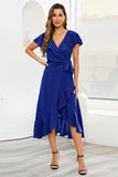 Gola em V Azul Vestido de Festa com Folhos