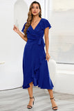Gola em V Azul Vestido de Festa com Folhos