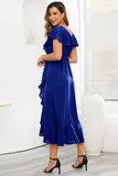 Gola em V Azul Vestido de Festa com Folhos