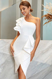 Vestido de Cocktail Branco Um Ombro Ajustado