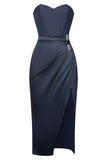 Azul Marinha Sem Cintas Cetim Vestido de Cocktail