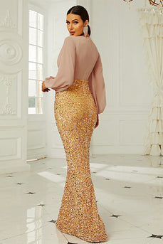 Mangas Longas Sequins Douradas Mãe do Vestido da Noiva