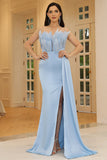 Azul claro sem alças bainha longo vestido formal com fenda