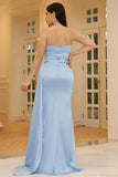 Azul claro sem alças bainha longo vestido formal com fenda