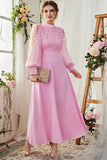 A-Line Mangas Longas Candy Pink Vestido Formal com Flores 3D