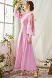 A-Line Mangas Longas Candy Pink Vestido Formal com Flores 3D