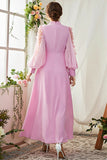 A-Line Mangas Longas Candy Pink Vestido Formal com Flores 3D