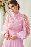 A-Line Mangas Longas Candy Pink Vestido Formal com Flores 3D