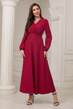 A-Line V-Neck vestido formal Borgonha com mangas compridas