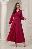 A-Line V-Neck vestido formal Borgonha com mangas compridas