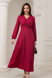 A-Line V-Neck vestido formal Borgonha com mangas compridas