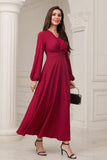 A-Line V-Neck vestido formal Borgonha com mangas compridas