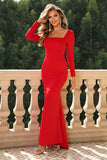 Vestido formal de espartilho vermelho de pescoço quadrado com mangas compridas