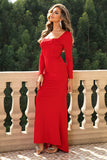 Vestido formal de espartilho vermelho de pescoço quadrado com mangas compridas