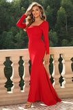 Vestido formal de espartilho vermelho de pescoço quadrado com mangas compridas