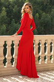 Vestido formal de espartilho vermelho de pescoço quadrado com mangas compridas