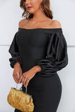 Sereia fora do ombro vestido formal preto com mangas puff