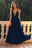 Deep V-Neck Backless Vestido Formal da Marinha
