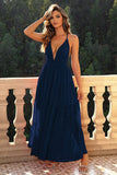 Deep V-Neck Backless Vestido Formal da Marinha