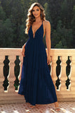 Deep V-Neck Backless Vestido Formal da Marinha