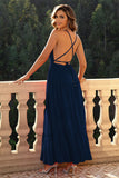 Deep V-Neck Backless Vestido Formal da Marinha