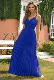 A-Line Espaghetti Correias Royal Blue Vestido Formal