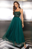 Sparkly Tulle Lace-Up Back Pine Vestido Formal com Sequins