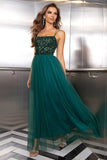 Sparkly Tulle Lace-Up Back Pine Vestido Formal com Sequins