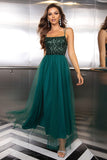 Sparkly Tulle Lace-Up Back Pine Vestido Formal com Sequins