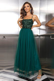 Sparkly Tulle Lace-Up Back Pine Vestido Formal com Sequins