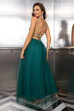 Sparkly Tulle Lace-Up Back Pine Vestido Formal com Sequins