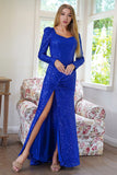 Sparkly mangas longas Sequins Royal Blue vestido de festa de noite com fenda