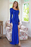 Sparkly mangas longas Sequins Royal Blue vestido de festa de noite com fenda