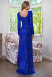 Sparkly mangas longas Sequins Royal Blue vestido de festa de noite com fenda